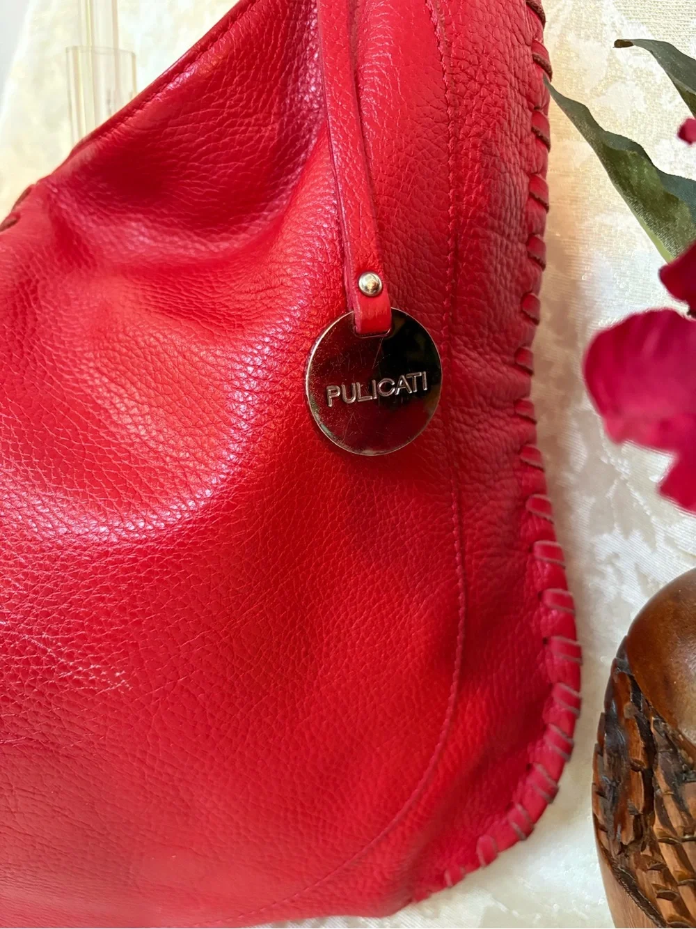 Pulicati Red Leather Whipstitched Hobo Shoulder Bag